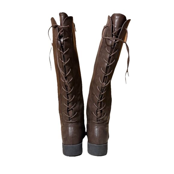 Comfortview Women's Knee High Boots Brown Faux Leather WW Zip Up Lace Tie Design - Picture 2 of 5